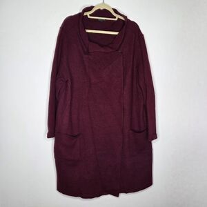 Eileen Fisher Boiled Wool Coat XL Red Jacket High Funnel Cowl Neck Pockets Snap